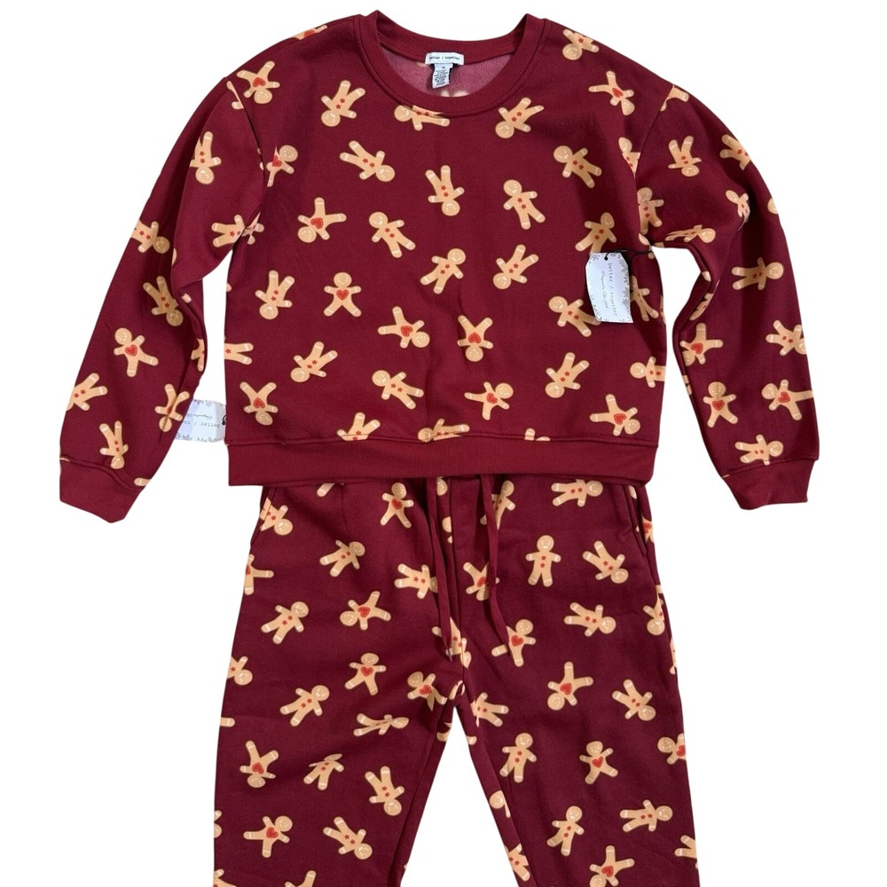 Better Together Gingerbread Pajama Set Womens XL Burgundy Fleece Lounge STK6624 - Picture 2 of 5